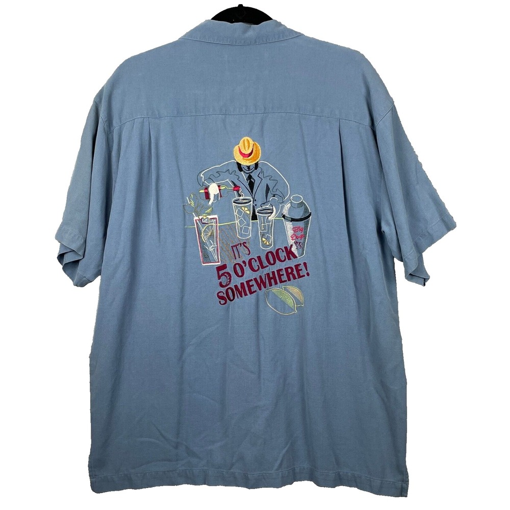 Big Dogs Silk Shirt Mens Medium Blue Emboidered Its 5:00 Somewhere Cocktails